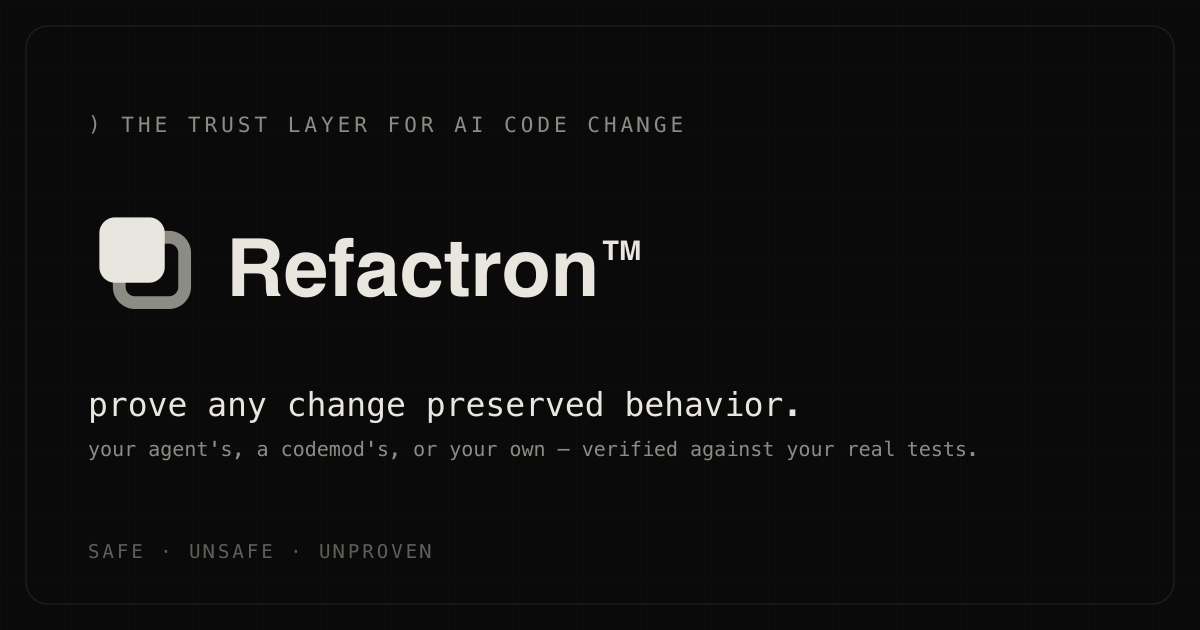 Refactron, the verification layer for AI code change: a diff from an agent, a codemod, or a human runs through the syntax, imports, and test gates in an isolated shadow tree and comes out SAFE, UNSAFE, or UNPROVEN