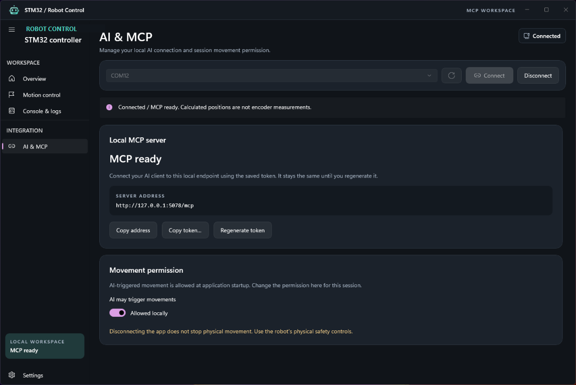 WinUI 3 host application showing the HC-05 COM connection, local MCP endpoint and AI movement permission
