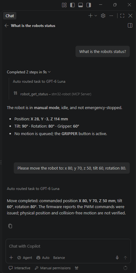 VS Code Copilot agent reading the robot status and issuing an MCP movement request