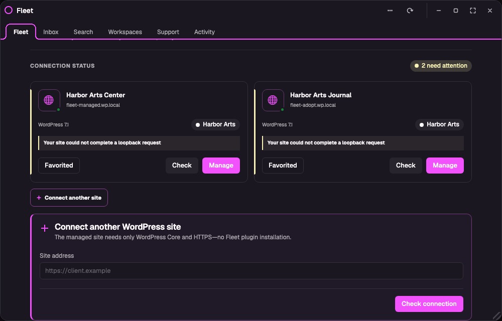 Connect another WordPress site from the Fleet hub