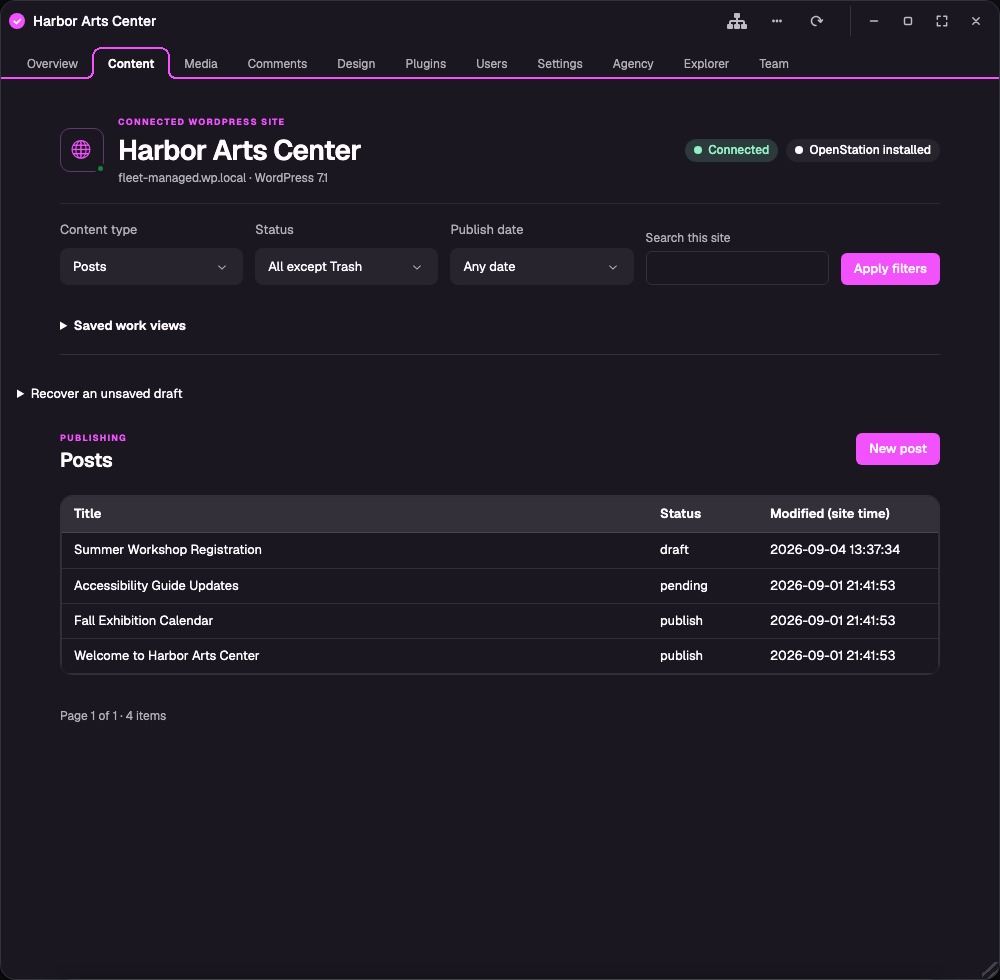 A connected site's paginated content view