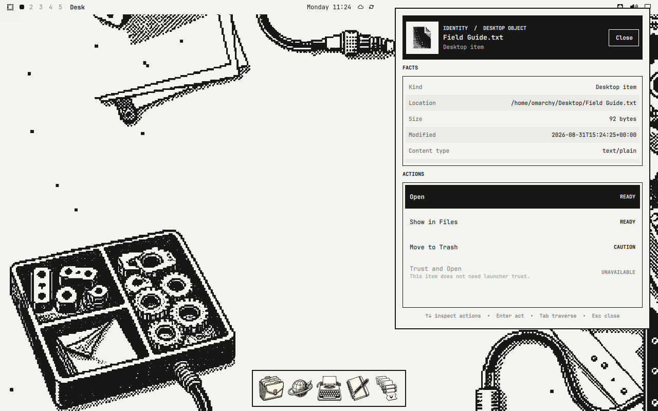 The shared Inspector showing a desktop launcher’s identity, facts, trust state, and available actions