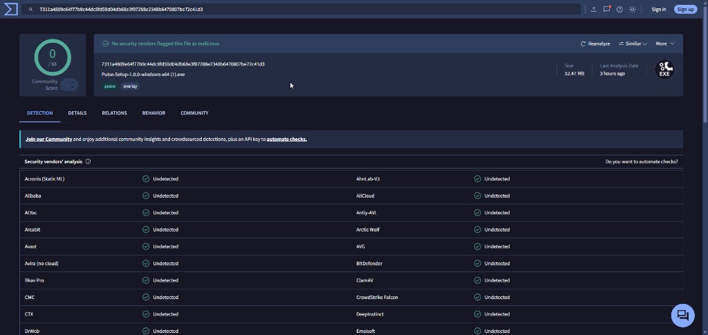 VirusTotal — 0/68 detections for Pulse-Setup-1.0.0-windows-x64.exe