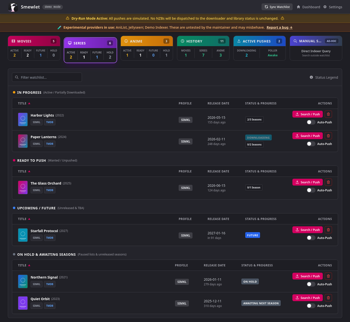 Smewlet dashboard with watchlist categories, per-title Auto-Push switches and season progress