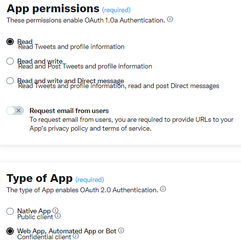 App permissions: Read, no request emails; App type: Web app