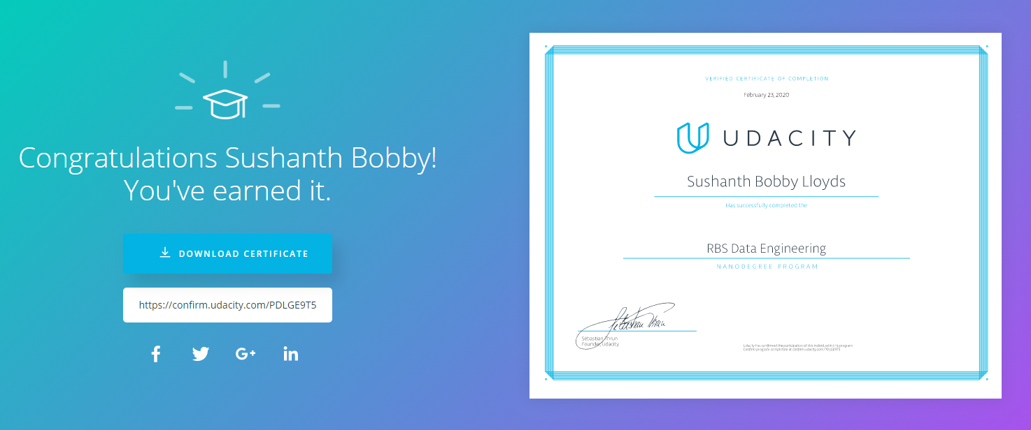 Udacity Data Engineering Nano Degree Certificate