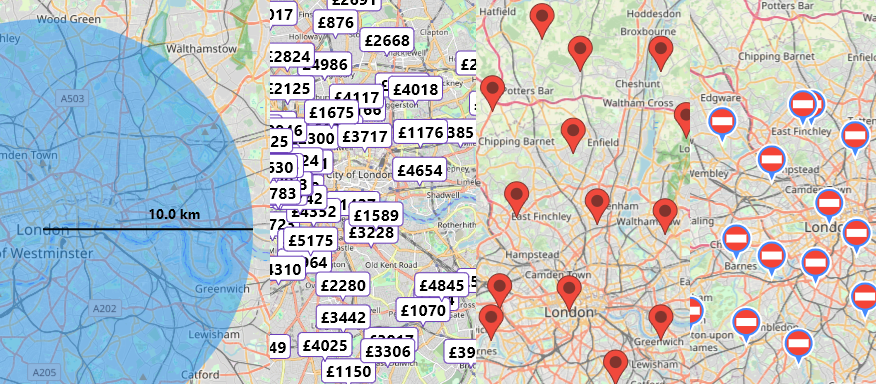 Screenshot of flutter_map_markers demonstrating interactive text-based markers on a map view.