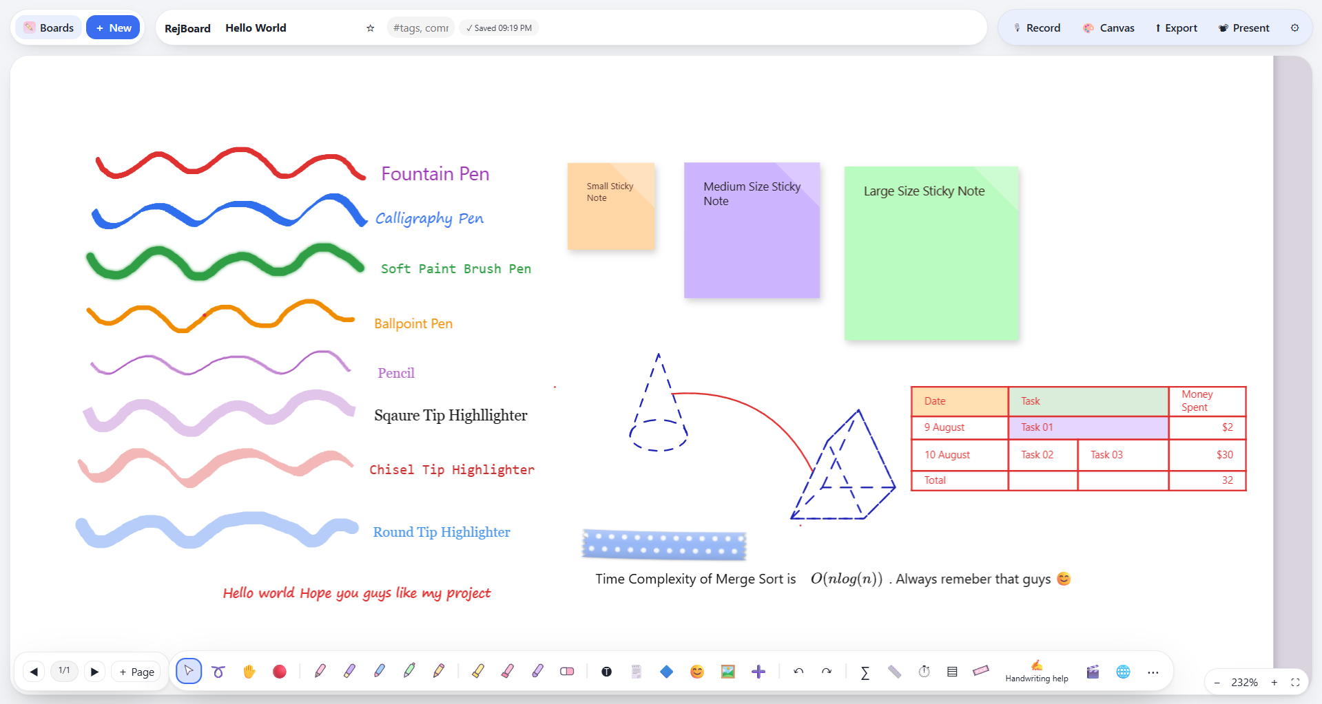 RejBoard: handwriting, shapes, sticky notes and LaTeX on one board