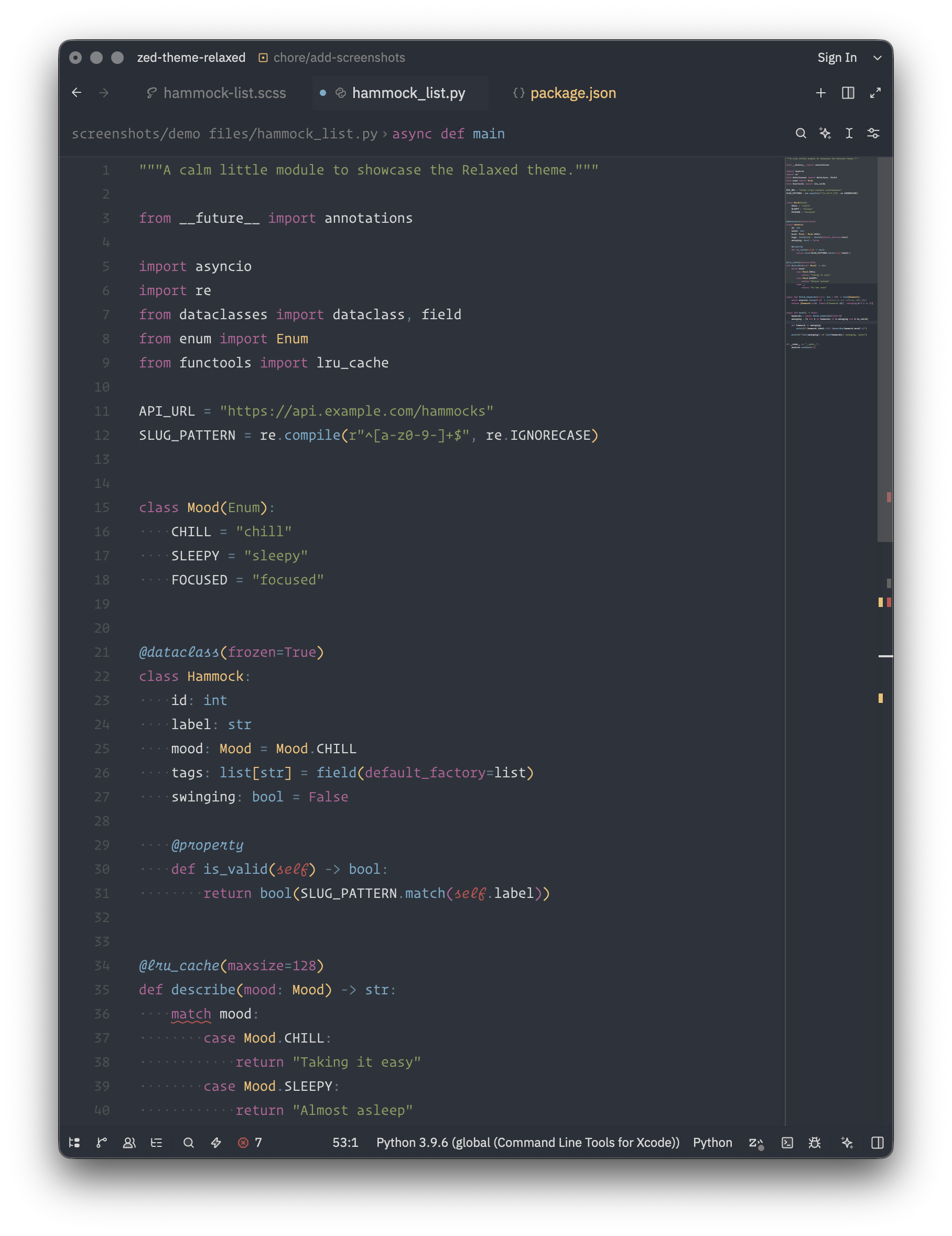 Screenshot: Relaxed theme in Zed showing Python