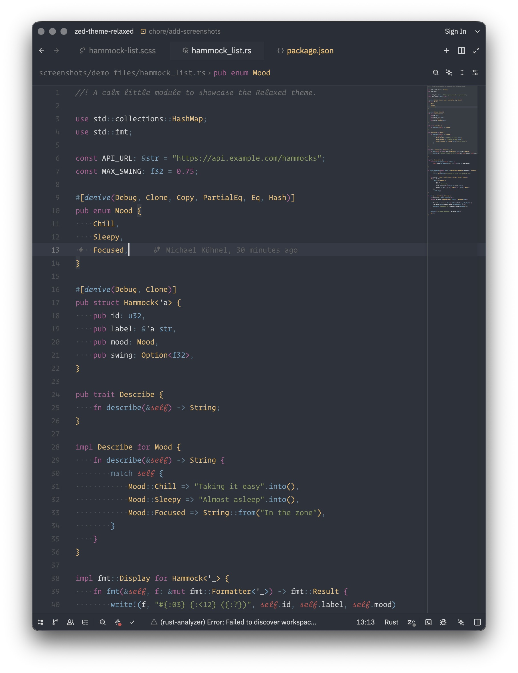 Screenshot: Relaxed theme in Zed showing Rust