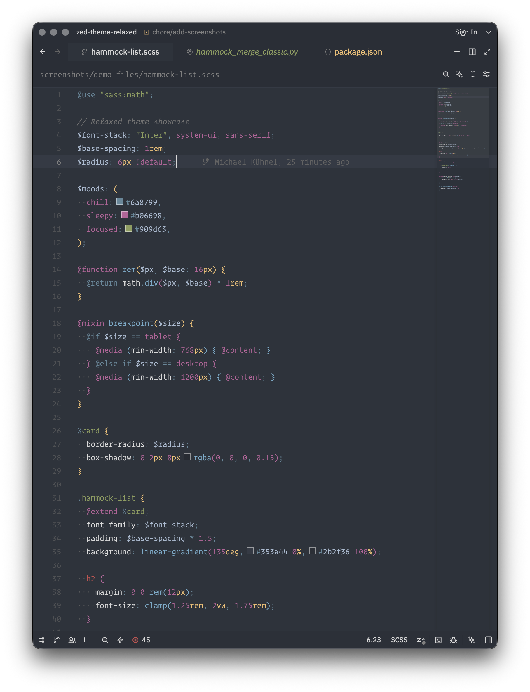 Screenshot: Relaxed theme in Zed showing Sass