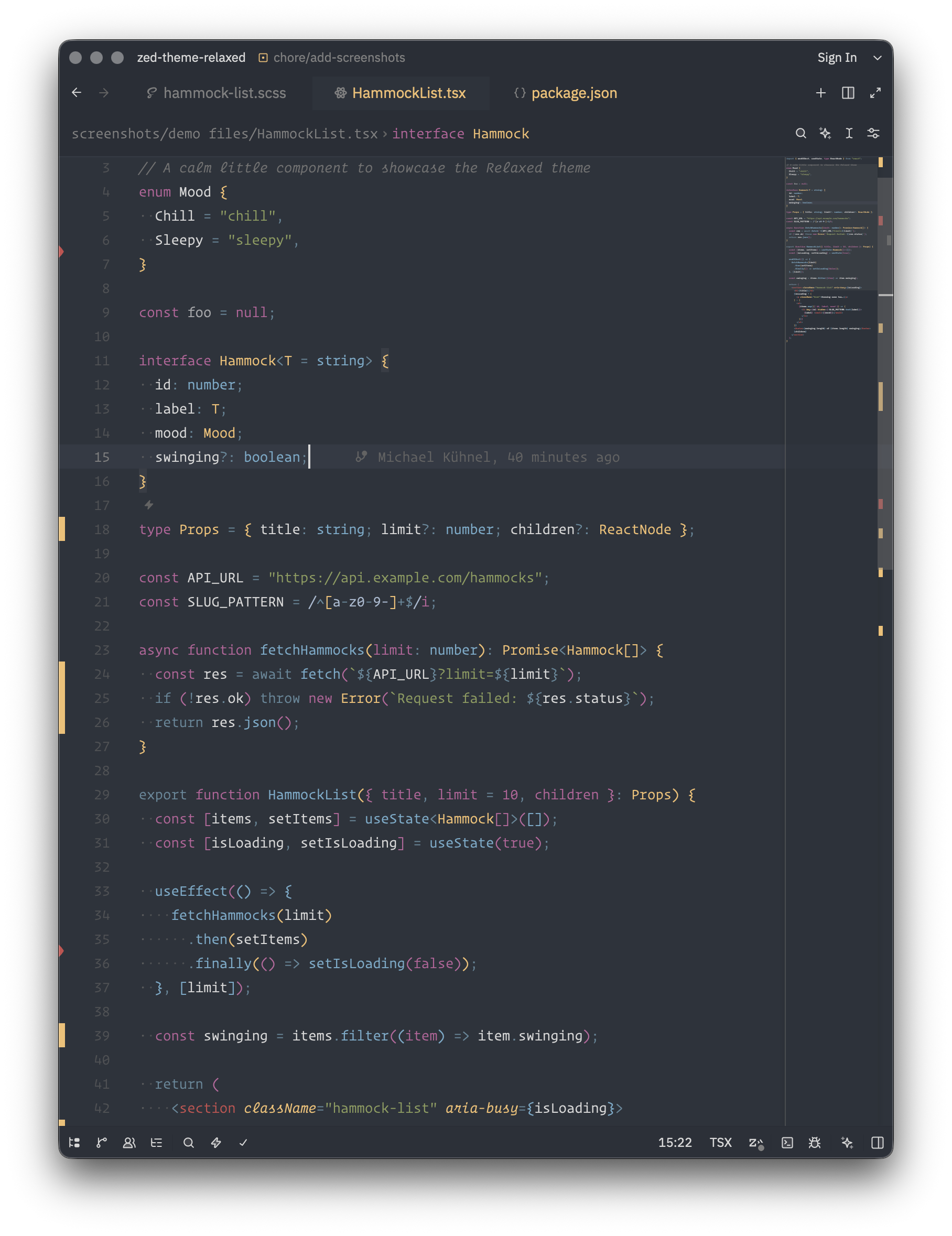 Screenshot: Relaxed theme in Zed showing TypeScript / React
