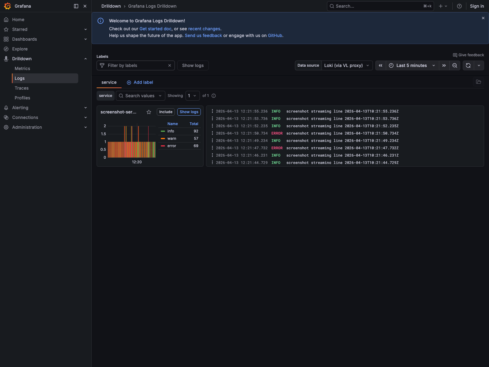 Grafana Logs Drilldown main view