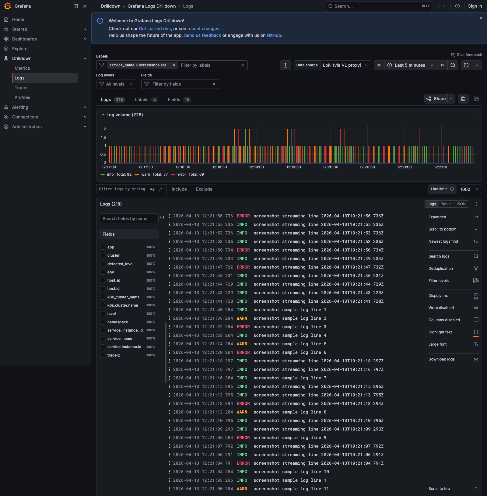 Grafana Logs Drilldown service detail view
