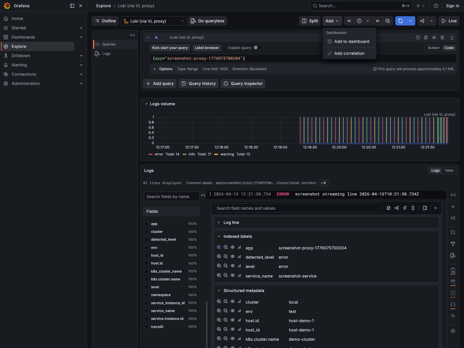 Grafana Explore details view