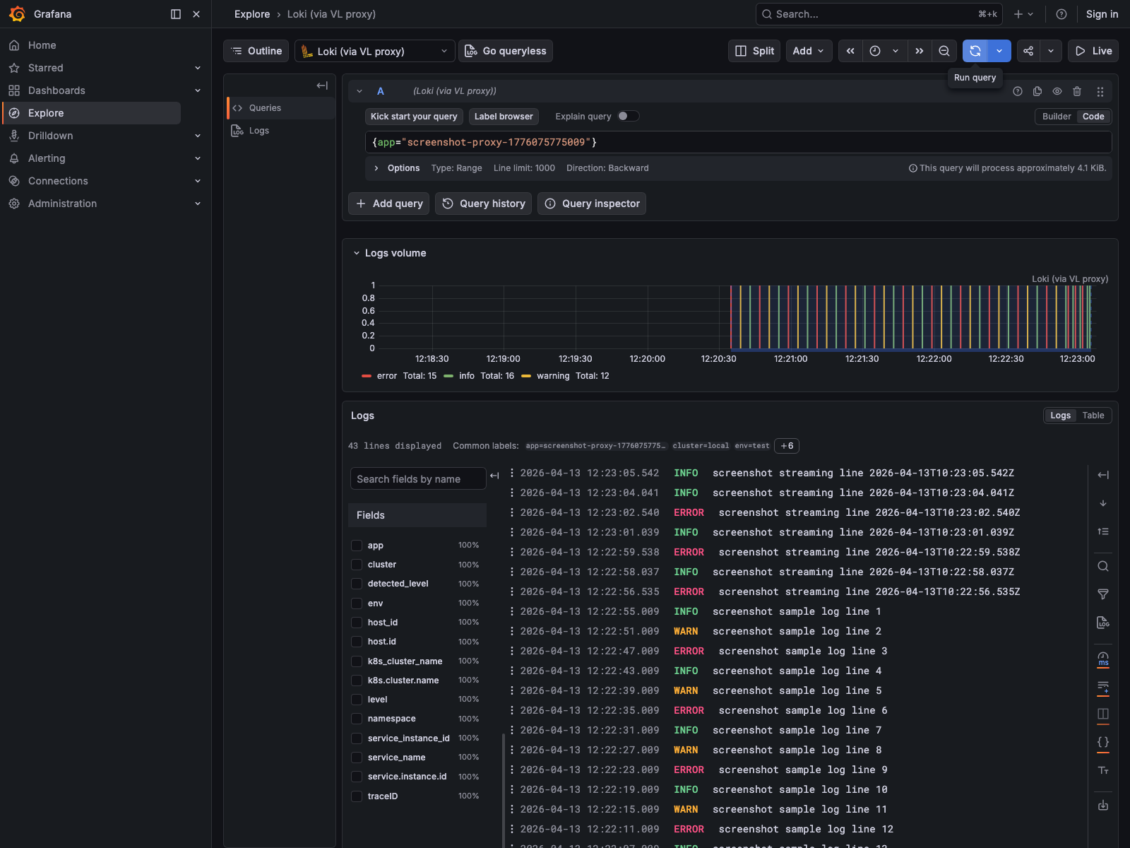 Grafana Explore main view