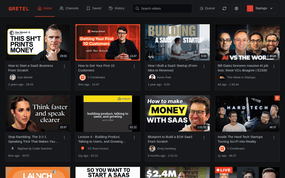 Gretel showcase: profile creation, feed browsing, video playback, and profile switching