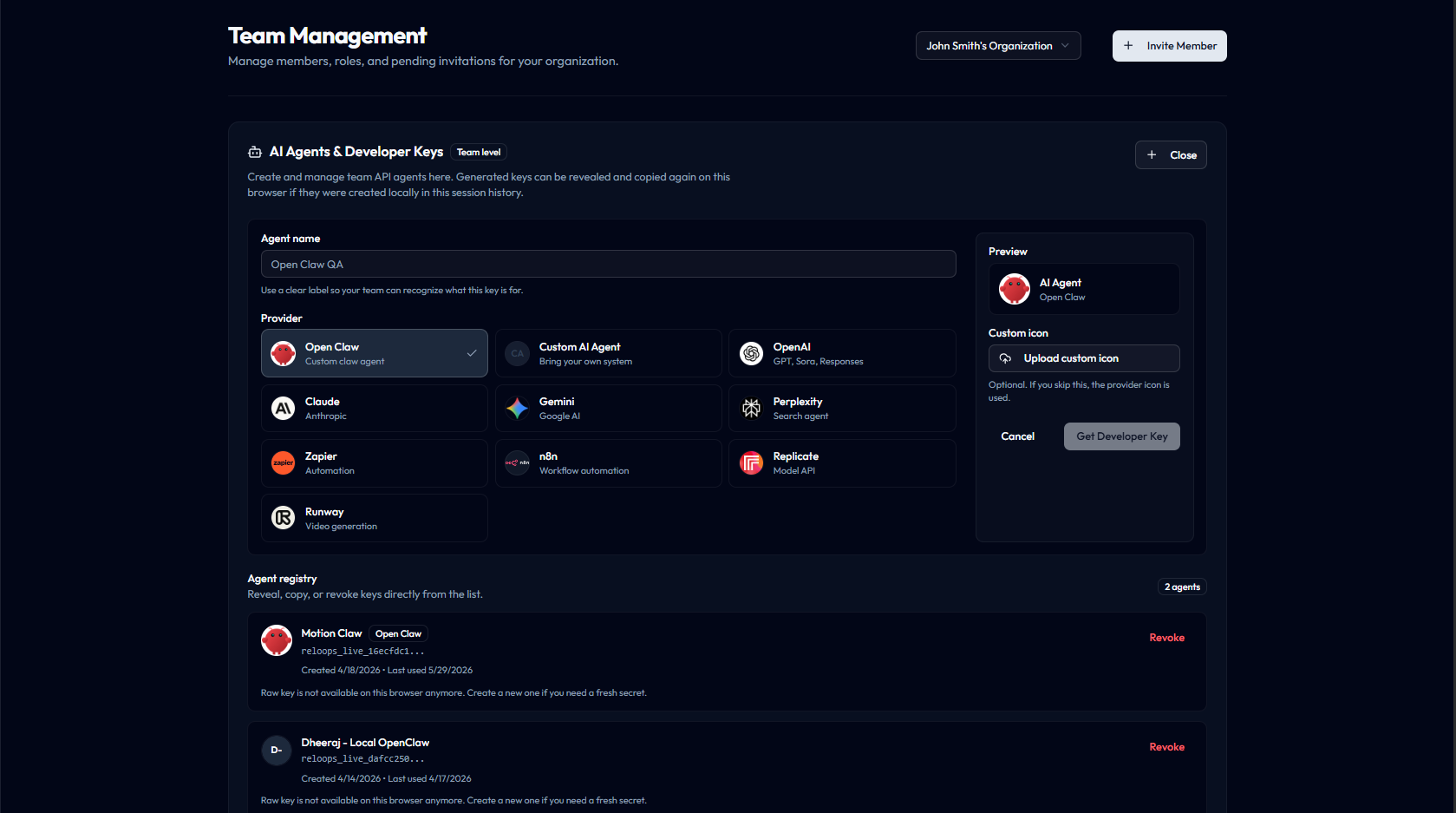 Reloops agent and developer key setup