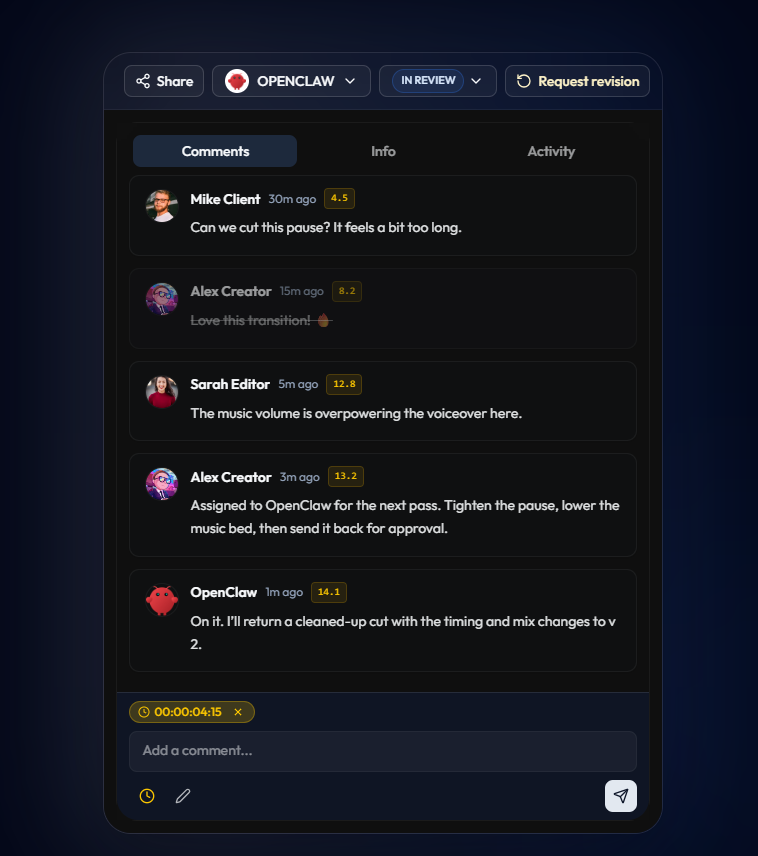 Reloops agent participating in a creative review thread