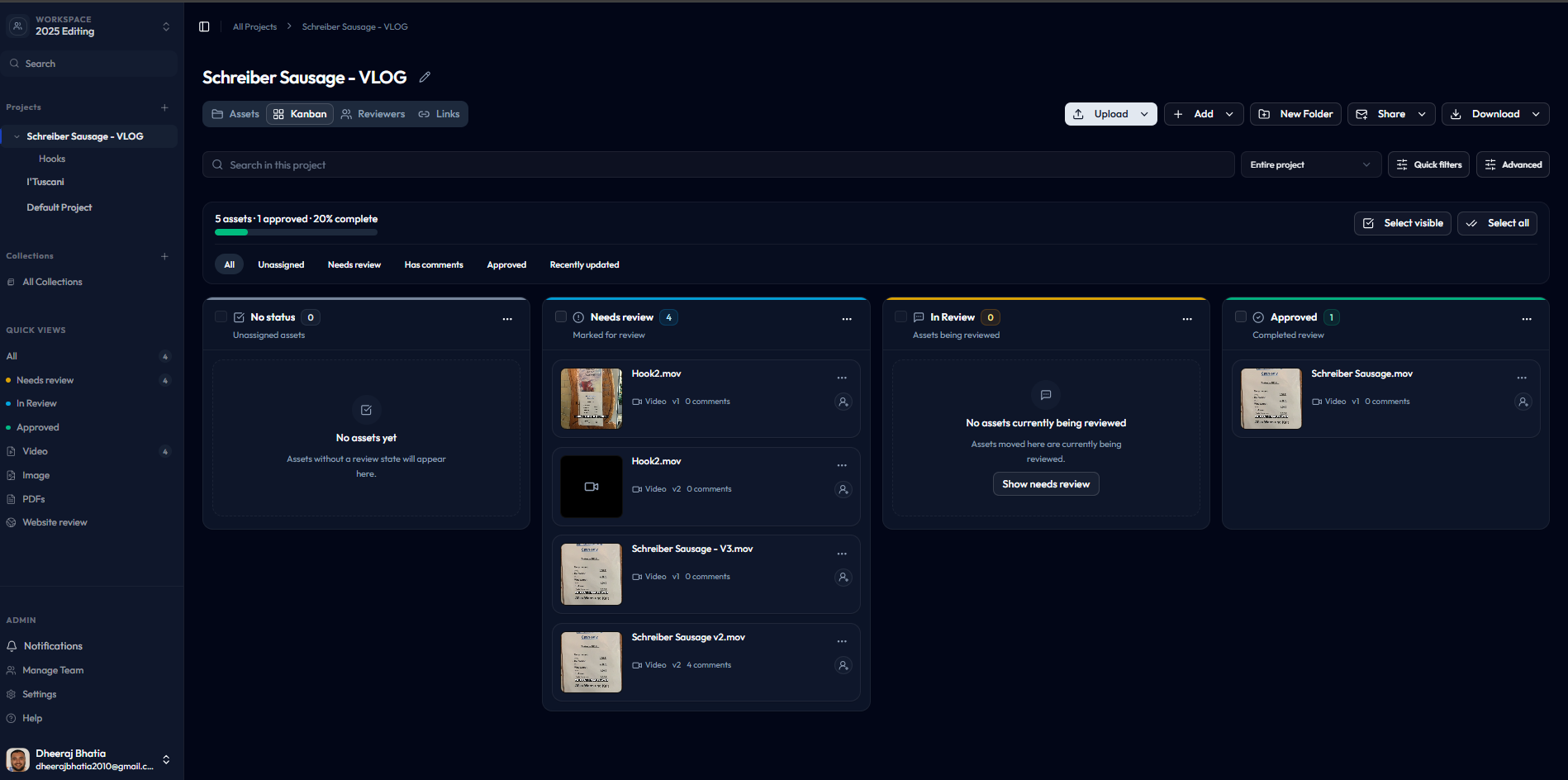 Reloops project workflow board for creative review and approvals