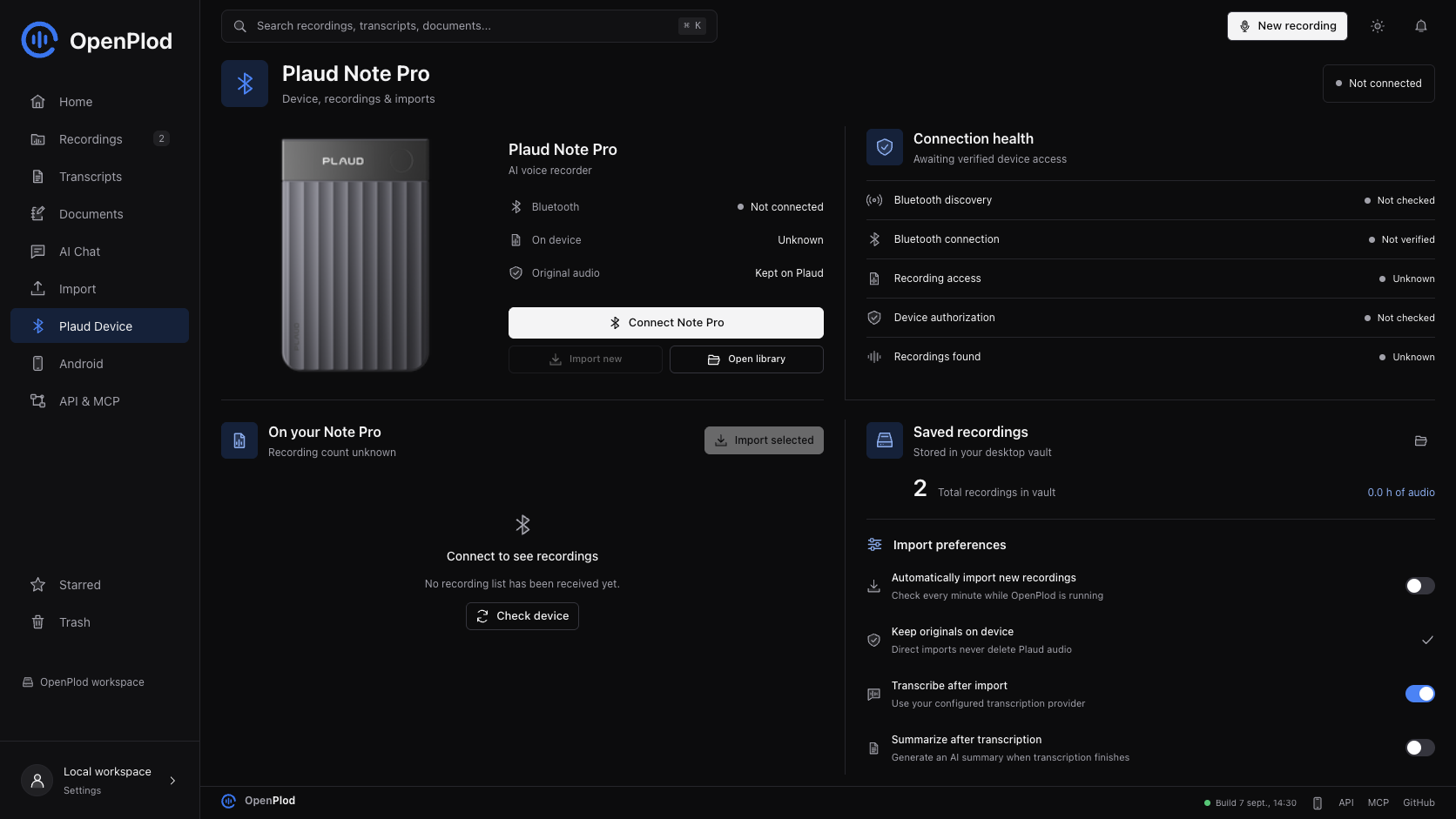 OpenPlod Plaud Device page showing truthful unknown device status, two saved recordings, and import preferences