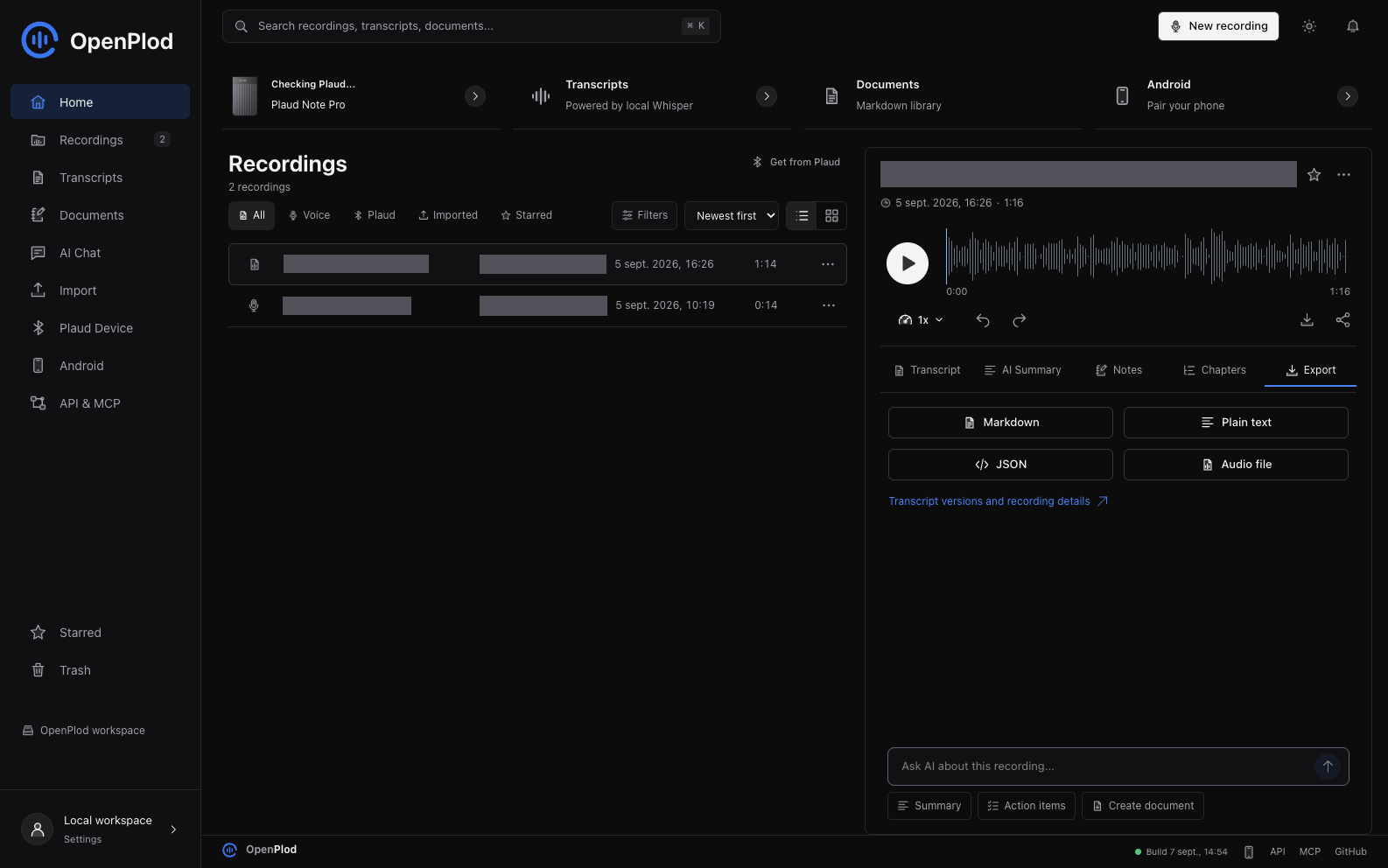 OpenPlod desktop recording library in dark mode; private titles are redacted