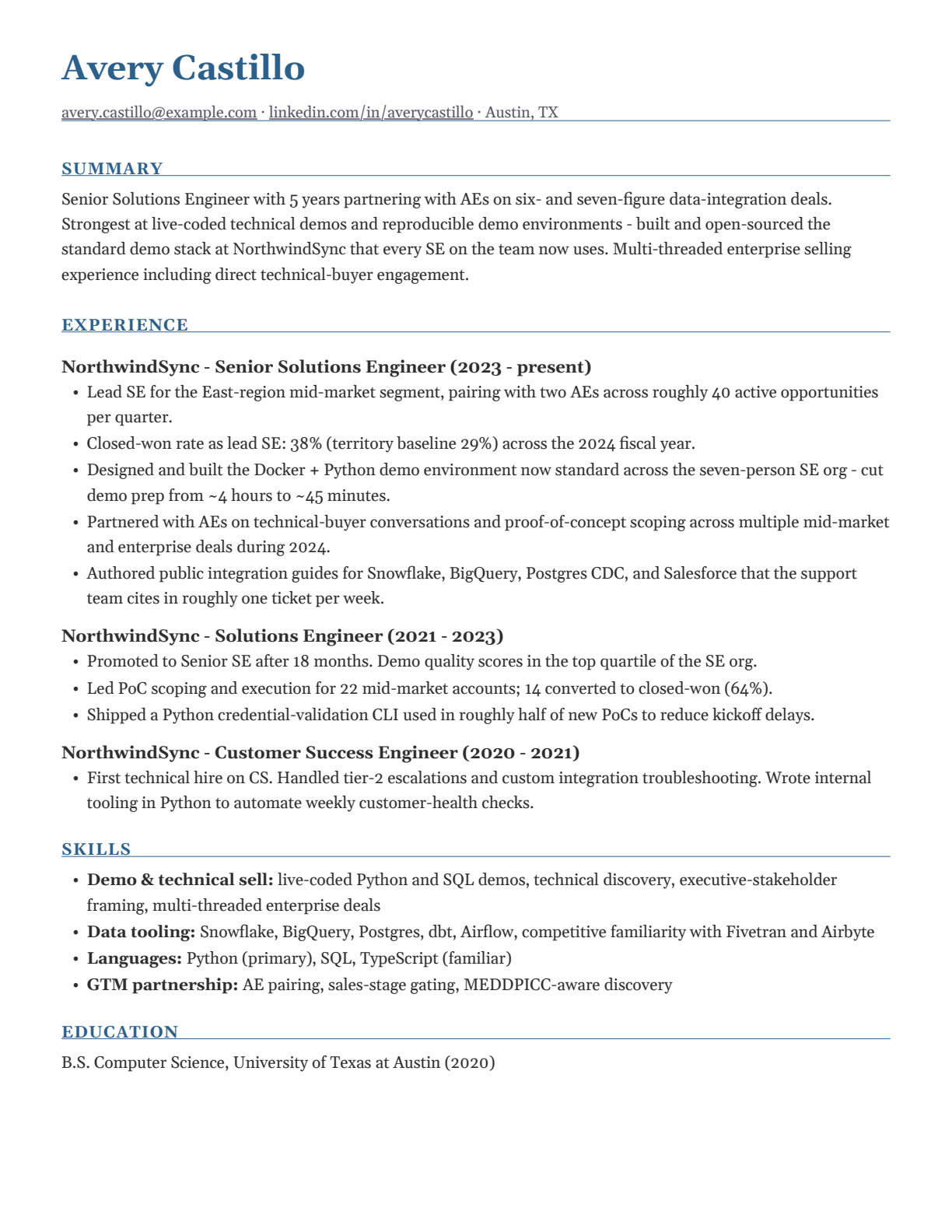 Senior solutions engineer, US resume