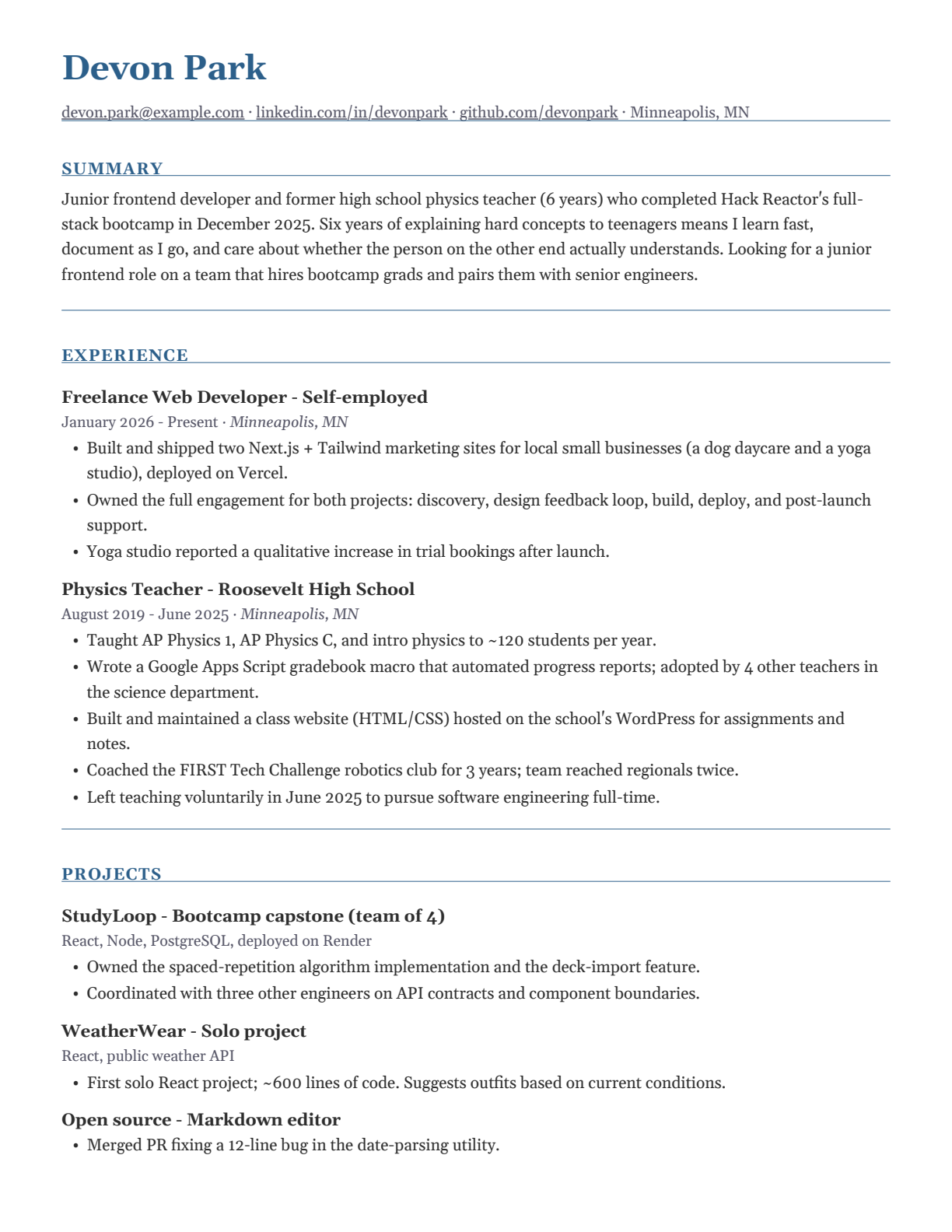 Bootcamp grad and former teacher, US resume