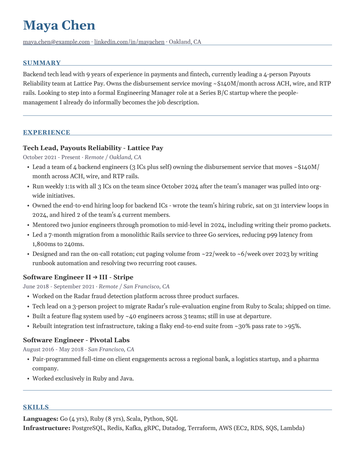 Senior backend tech lead, US resume