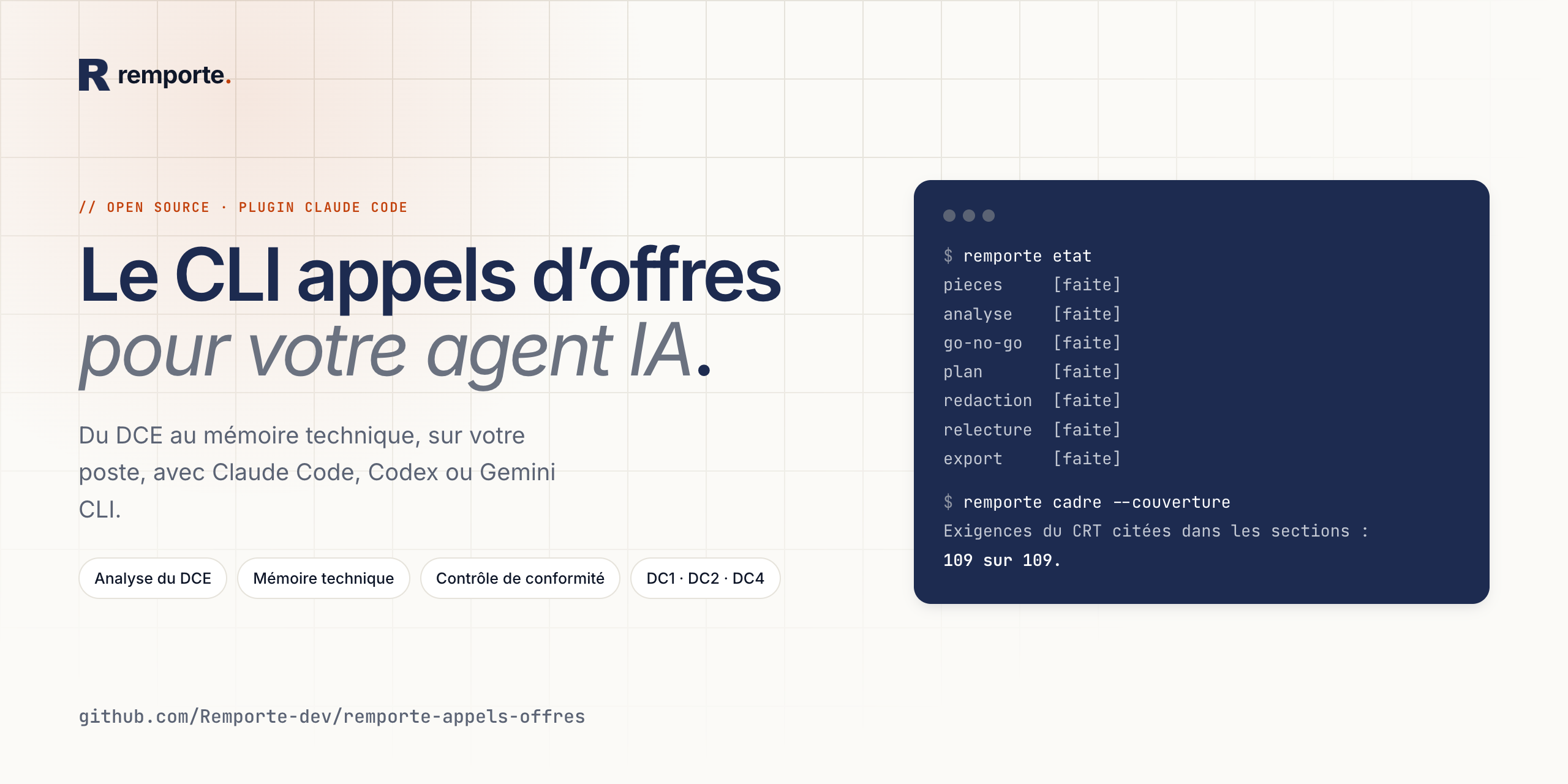 Remporte CLI : le CLI appels d'offres pour votre agent IA, du DCE au mémoire technique, avec Claude Code, Codex ou Gemini CLI