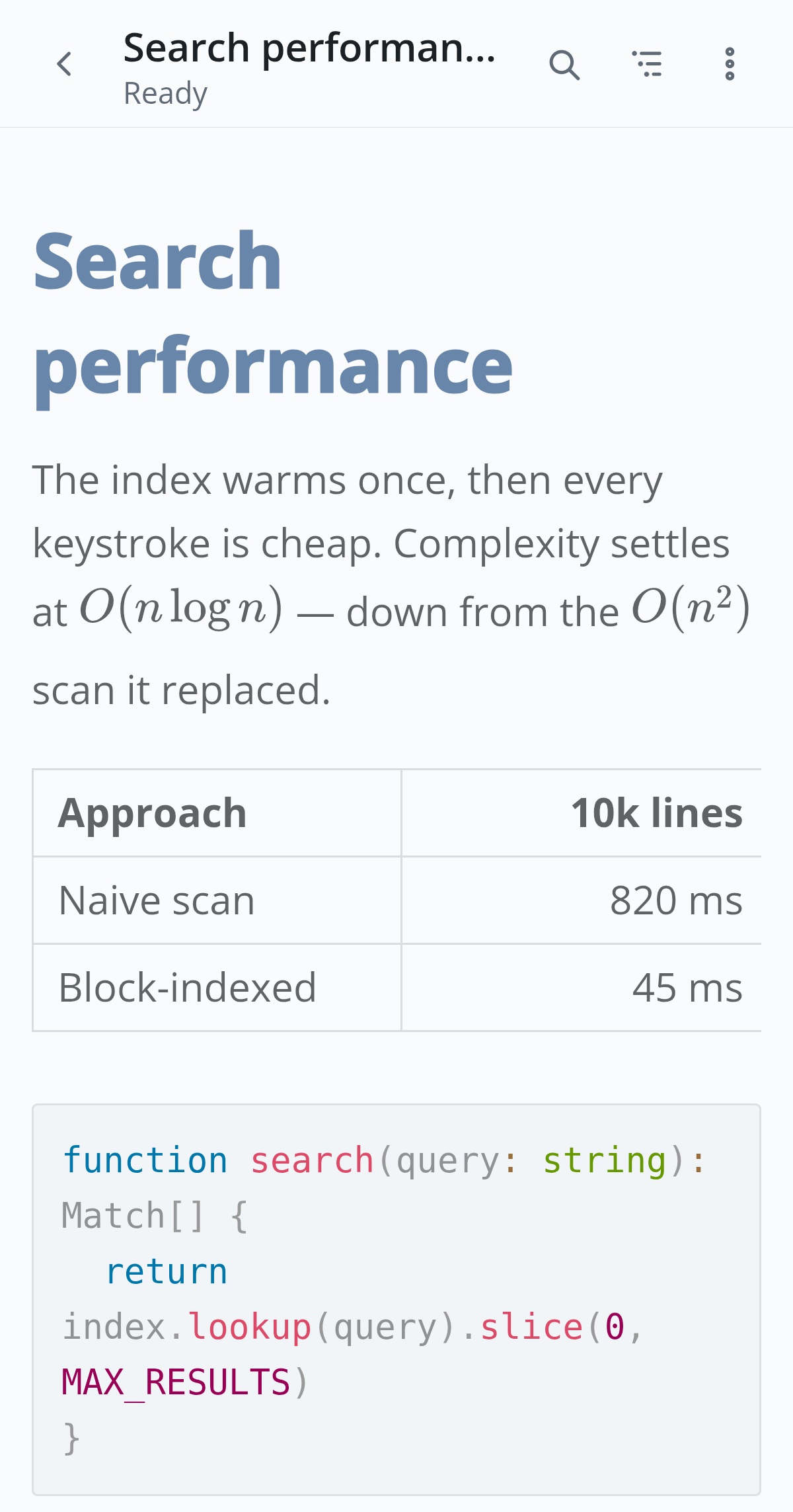 Tables, code, and math rendered live while typing