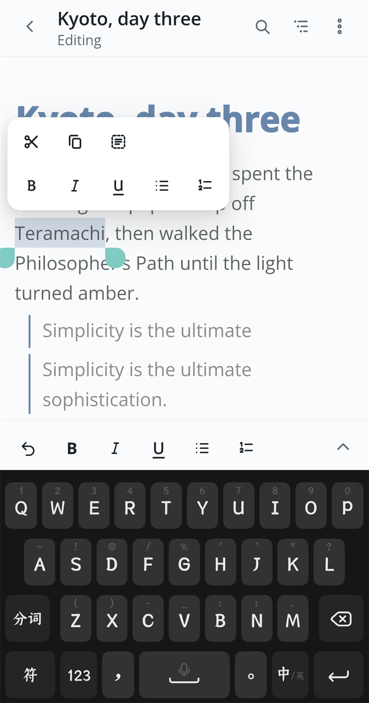 The docked format toolbar and a customized selection (paste) bar shown while editing