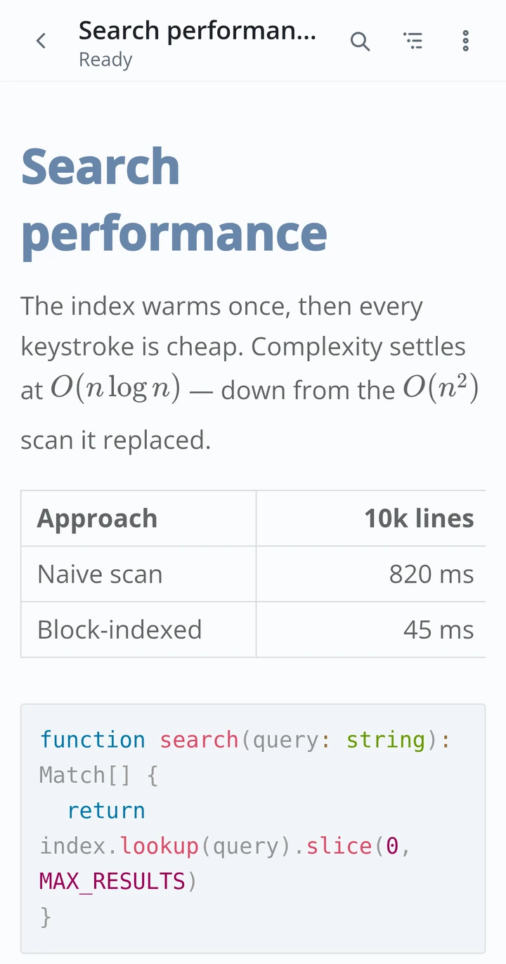Tables, code, and math rendered live while typing