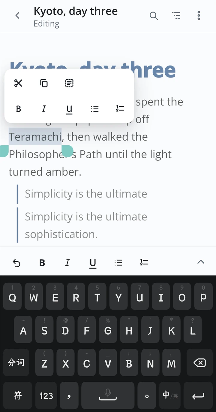 The docked format toolbar and a customized selection (paste) bar shown while editing