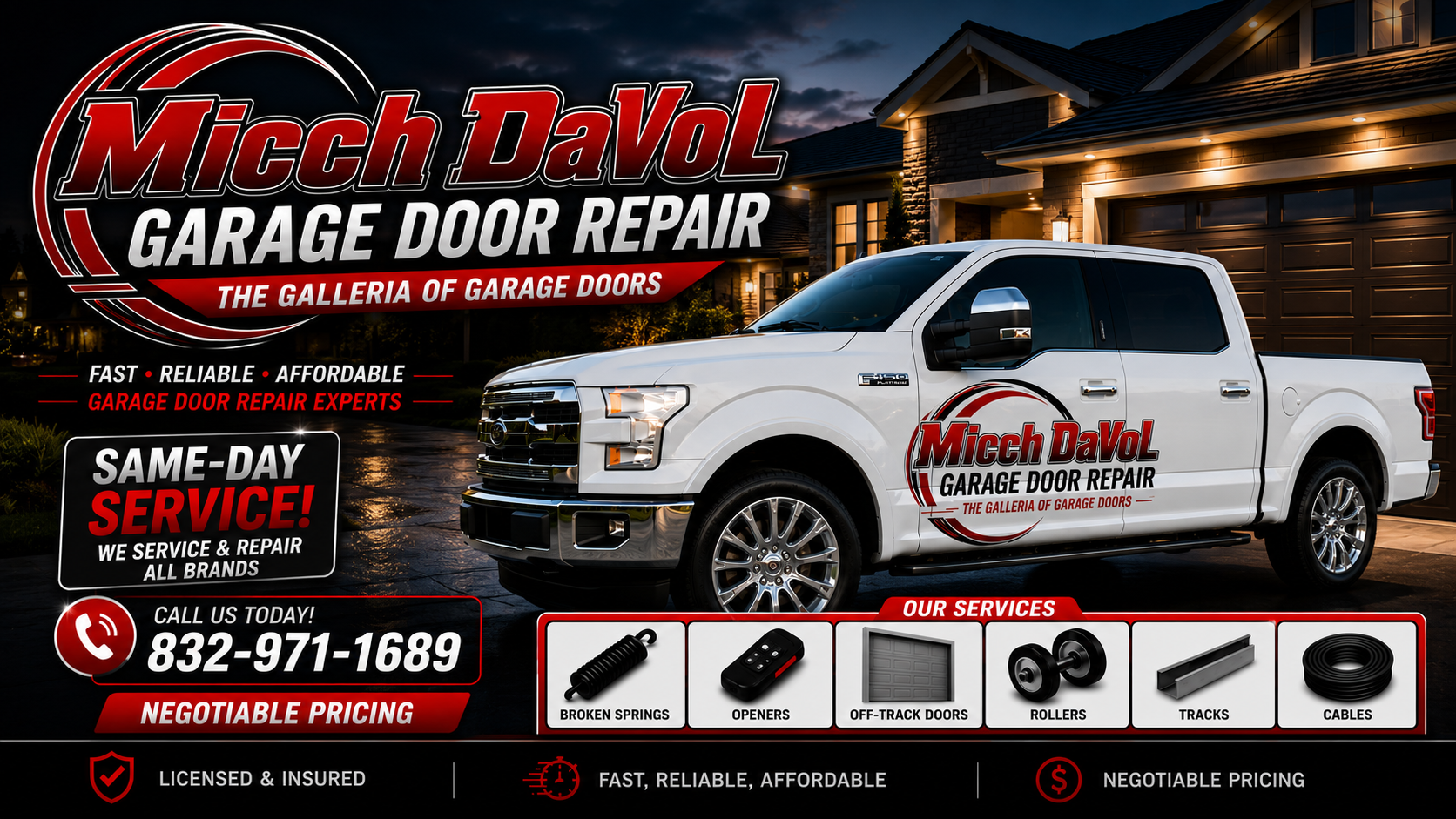 Micch DaVoL Garage Door Repair services and phone number 832-971-1689