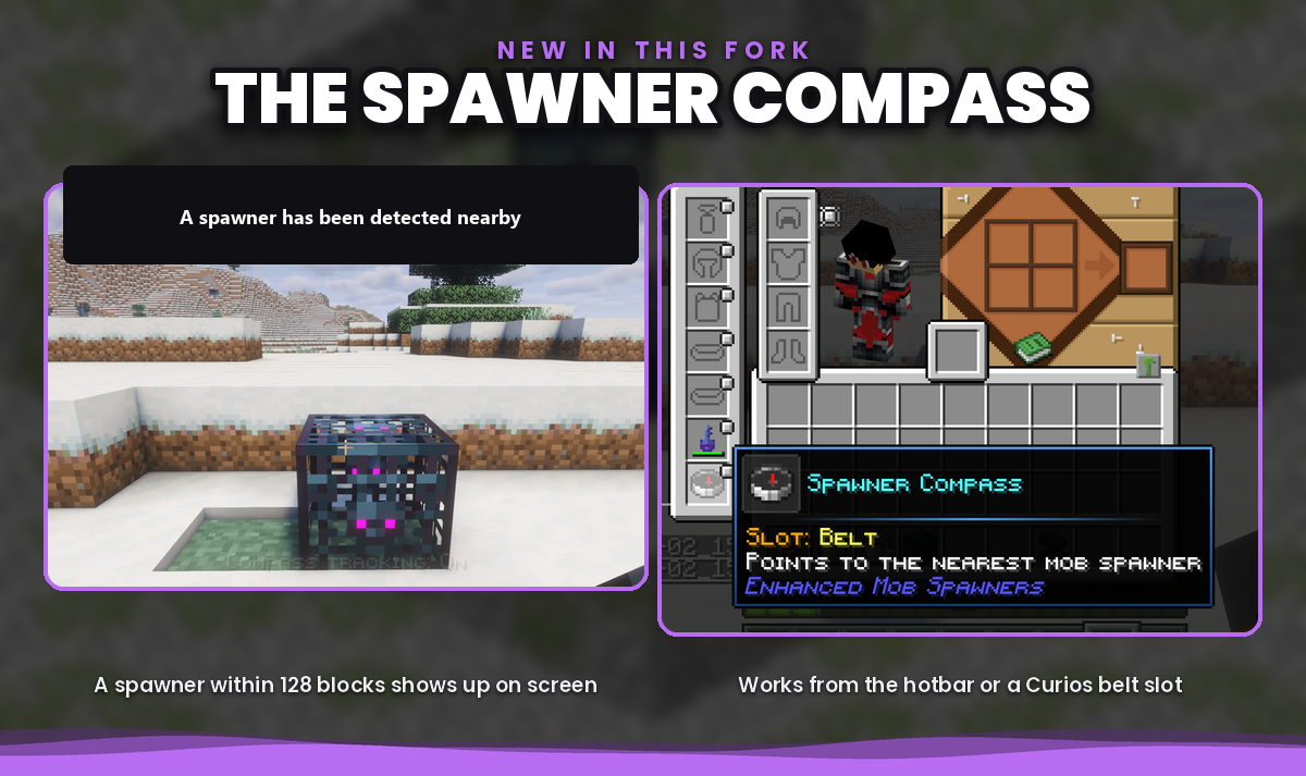 The Spawner Compass detecting a spawner and in a belt slot