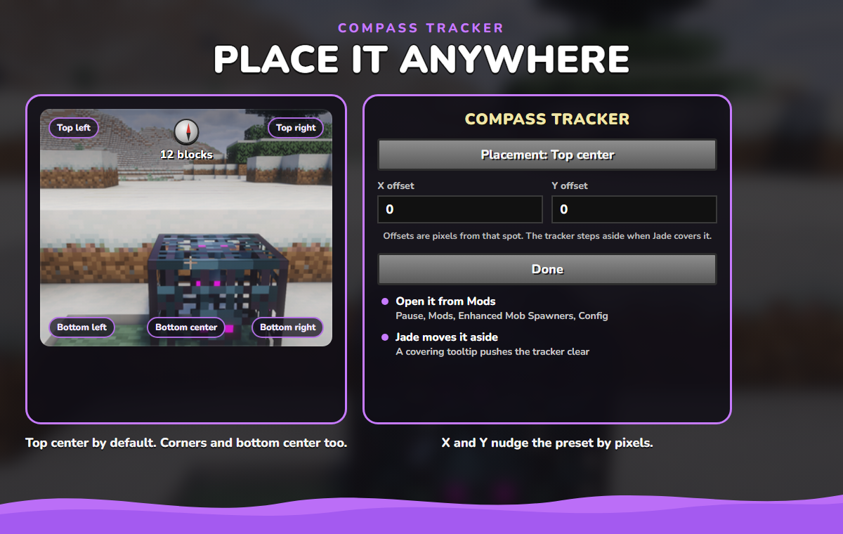 Place the compass tracker at the top, a corner, or the bottom