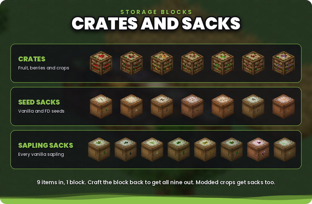 Crates, seed sacks and sapling sacks