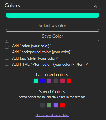 The Colors section of the side panel, with recent and saved colours