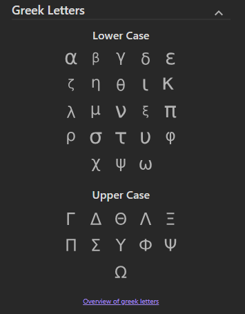 The Greek Letters section of the side panel