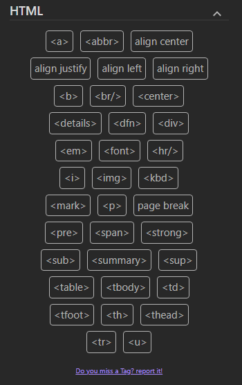 The HTML section of the side panel