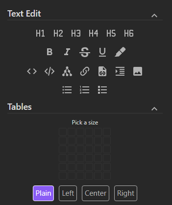 The Text Edit and Tables sections of the side panel