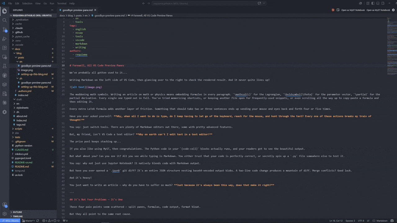 MyST Notebook · prose rendering, math, and code execution inline in VS Code