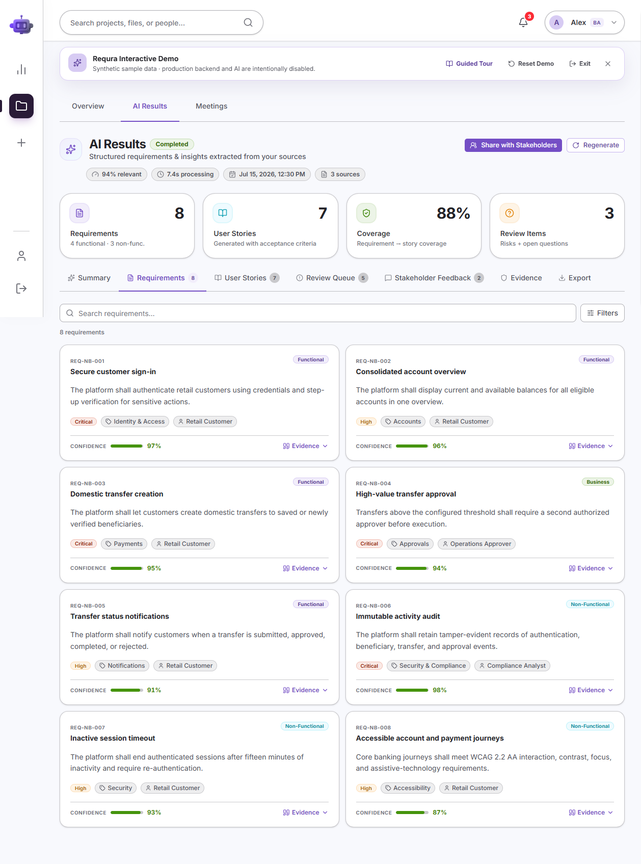 Requra.AI analysis results with requirements, stories, summaries, and quality metrics.