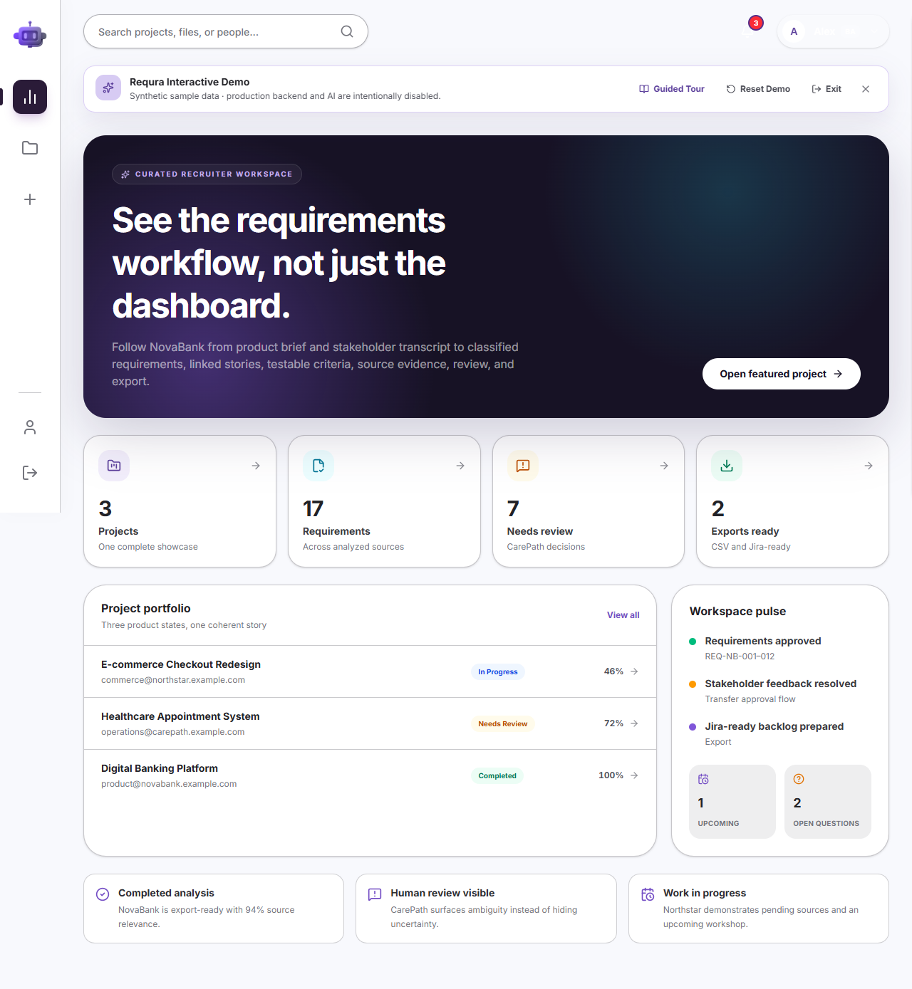 Requra.AI dashboard showing portfolio activity and project workspaces.