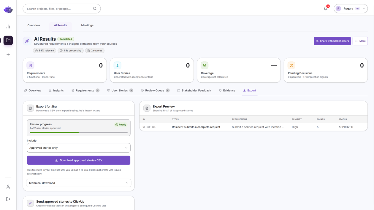 Requra.AI export tab with a Jira-ready CSV download and a ClickUp push that creates real tasks.