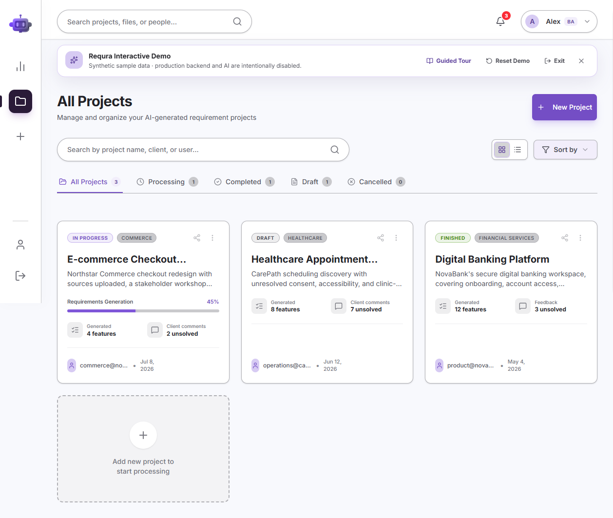 Requra.AI searchable projects workspace.