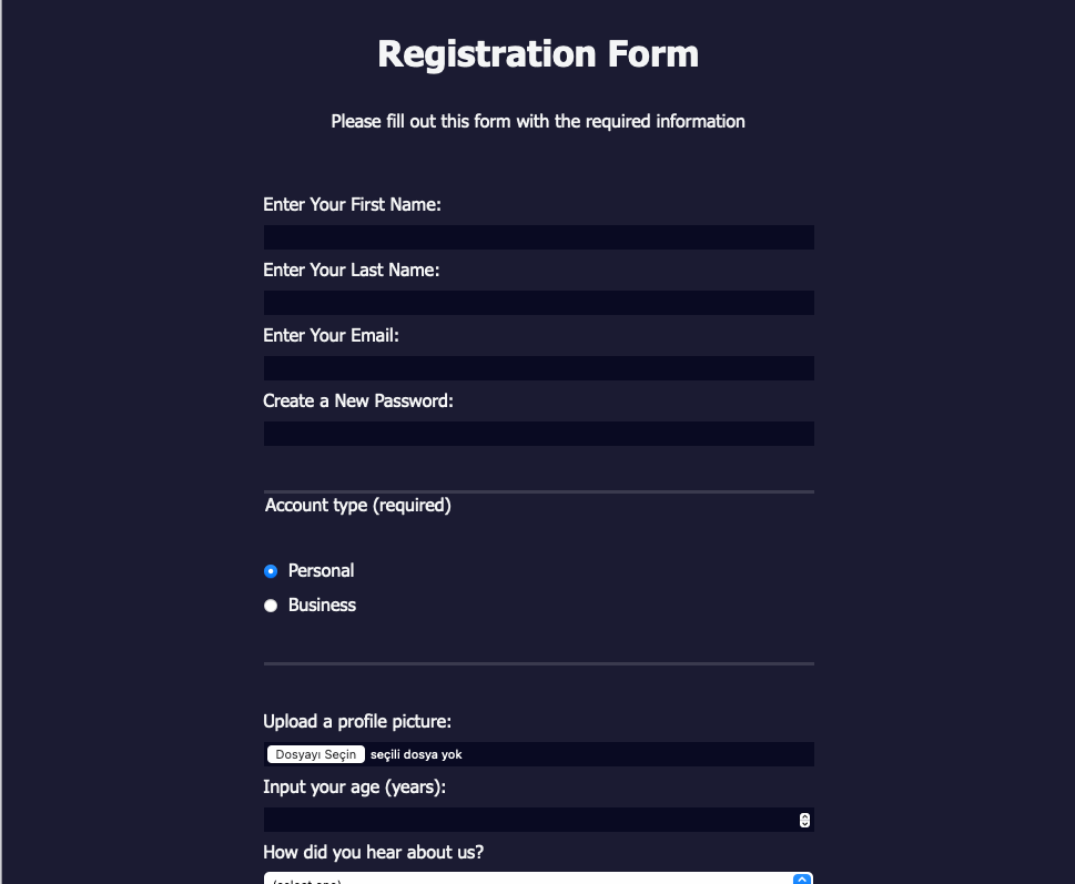 Registration Form Screenshot