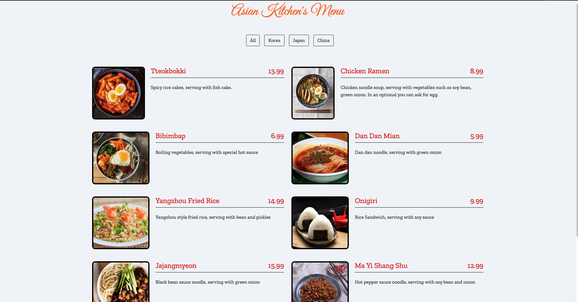 asian kitchen's menu