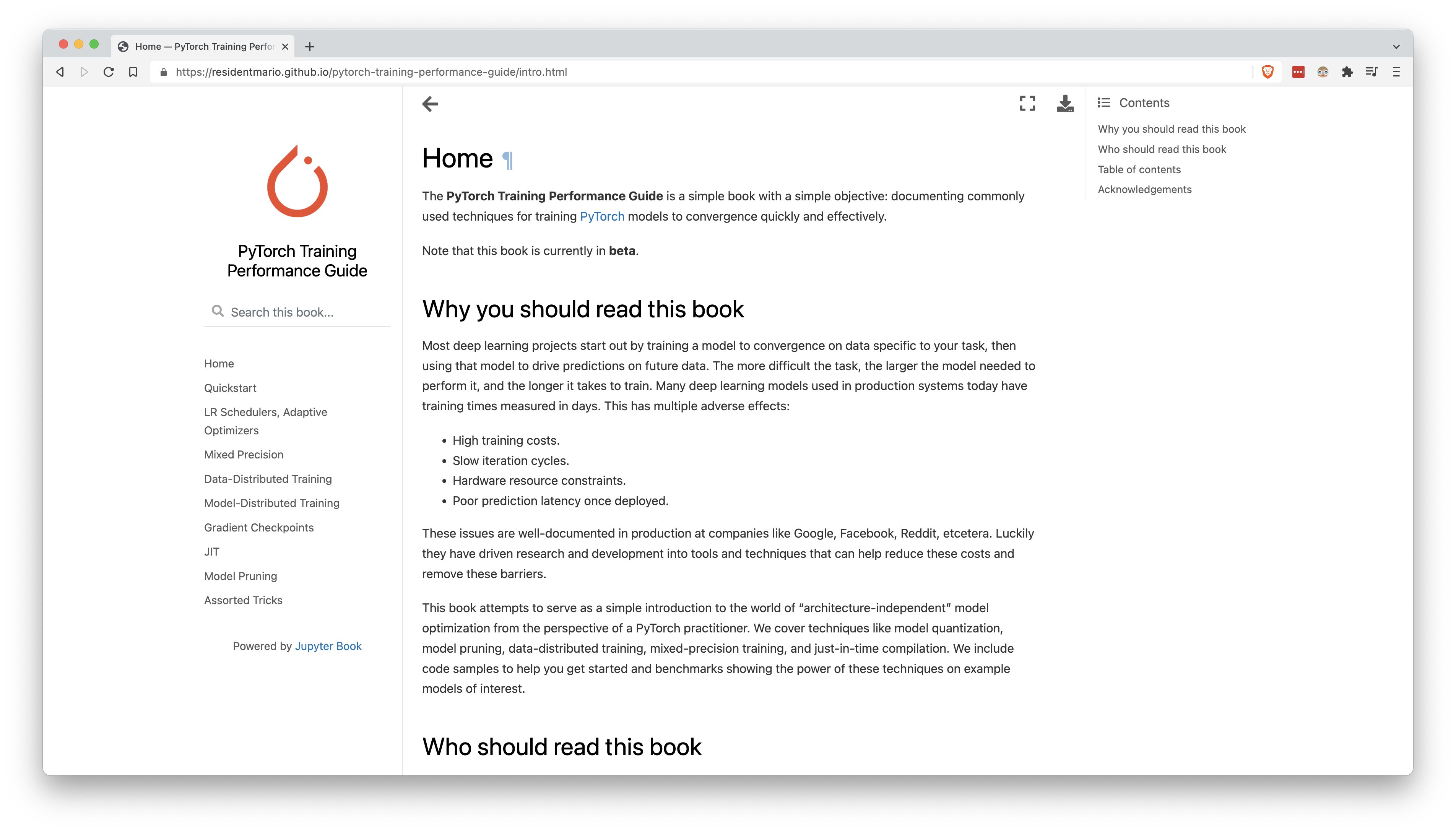 Screenshot of the book homepage